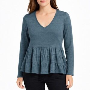 Deletta Anthropologie Blue Gray Slub Knit Tiered Peplum V-Neck Top XS